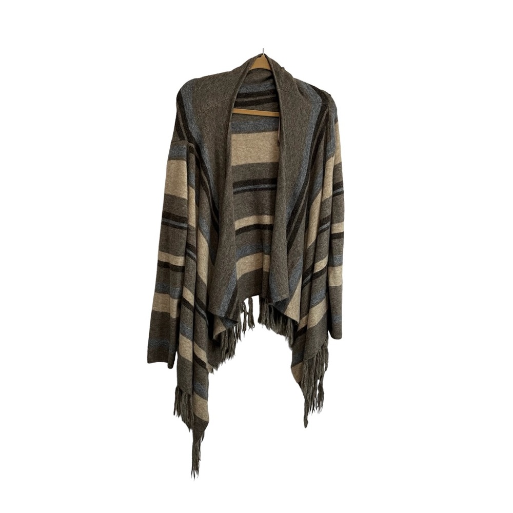 Angeleno Striped Brown Tan Long Sleeve Open Front Fringe Cardigan Sweater Size L